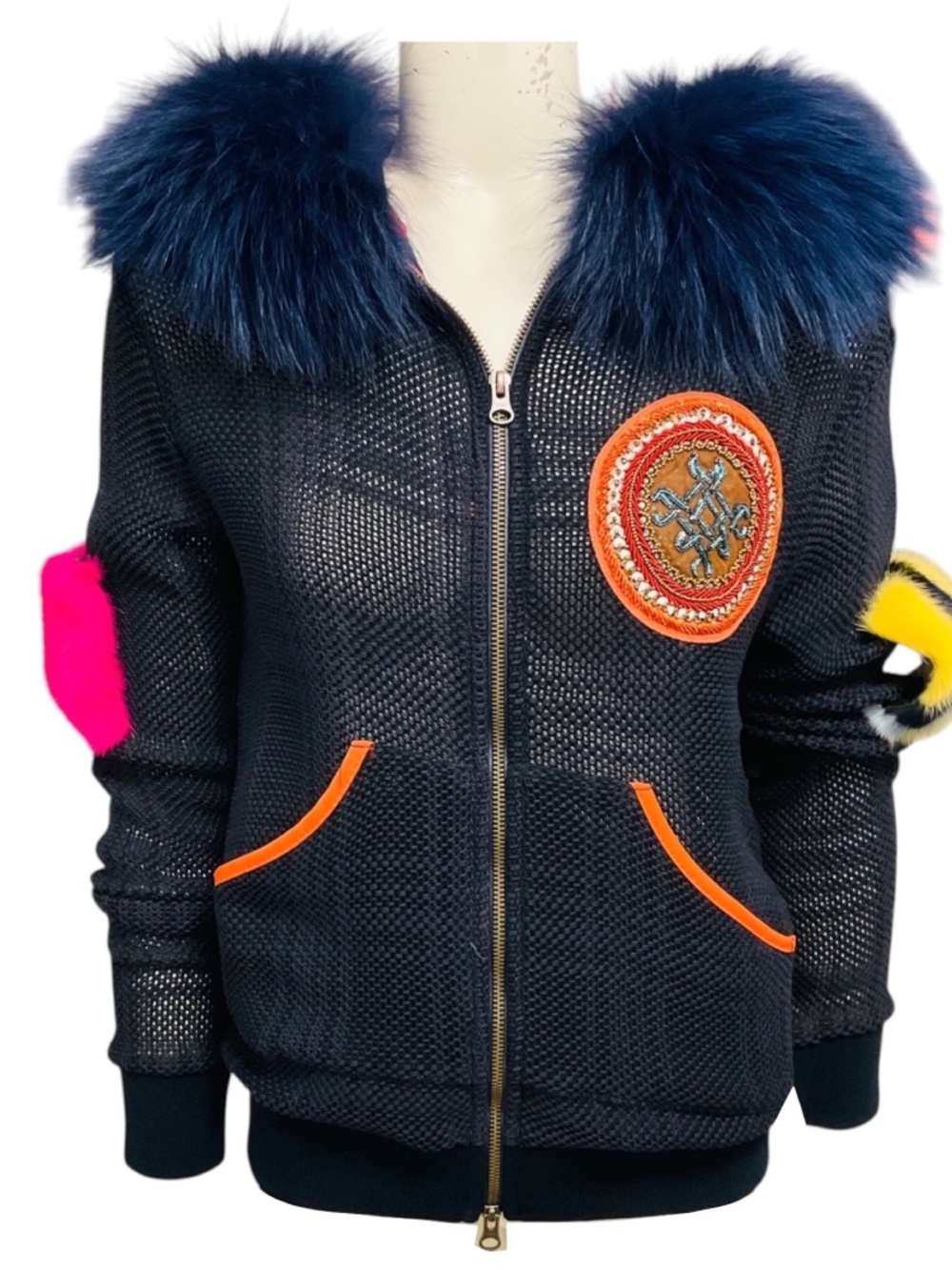 MR & MRS ITALY BLUE HOODED MESH KNIT ZIP FRONT SWEATER WITH FUR TRIM